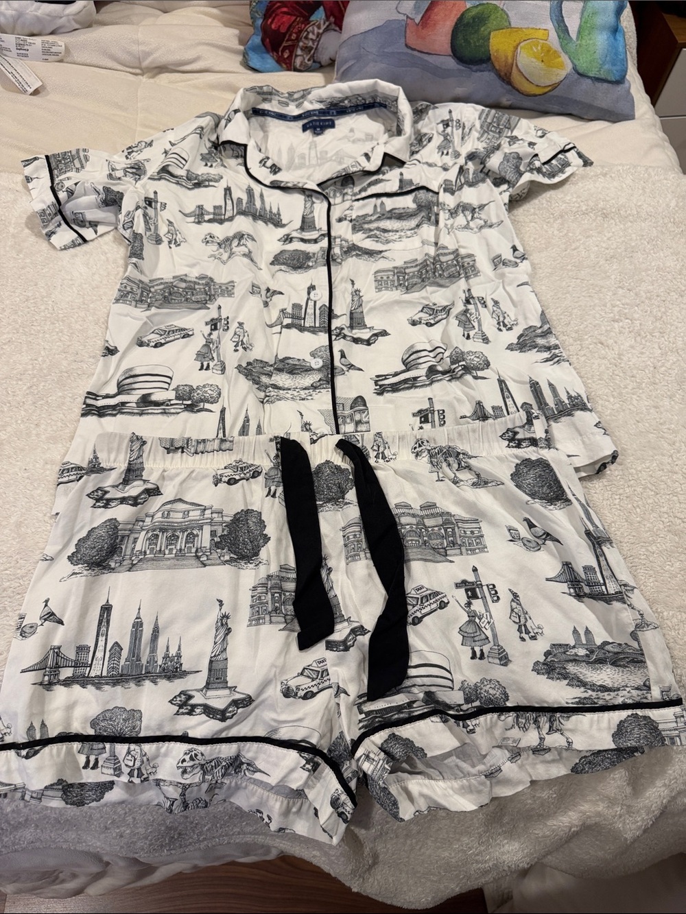 Katie Kime New York Toile Two-Piece White Pajama Set with Black Cityscape Print